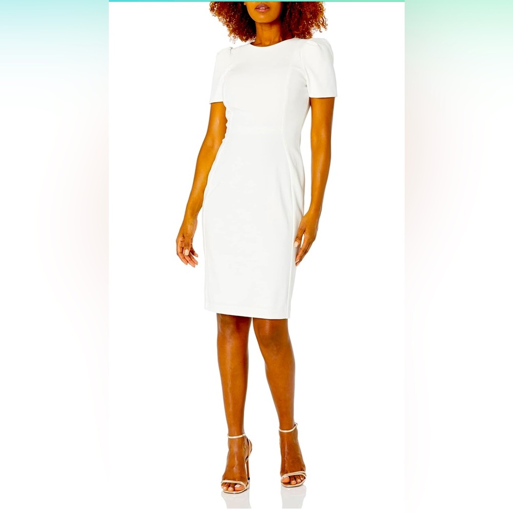 Calvin Klein Women's Round Neck Subtle Puff Short Sleeve Fitted Sheath Dress